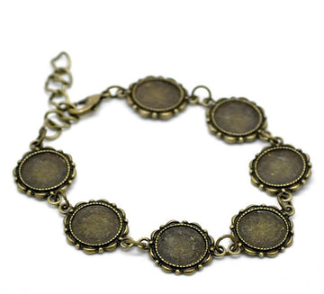 B050 - 5 pcs. Antique Bronze Disk Bezel Cabochon Chain Bracelets - 21cm - 14mm Glue Pad - 7 Settings