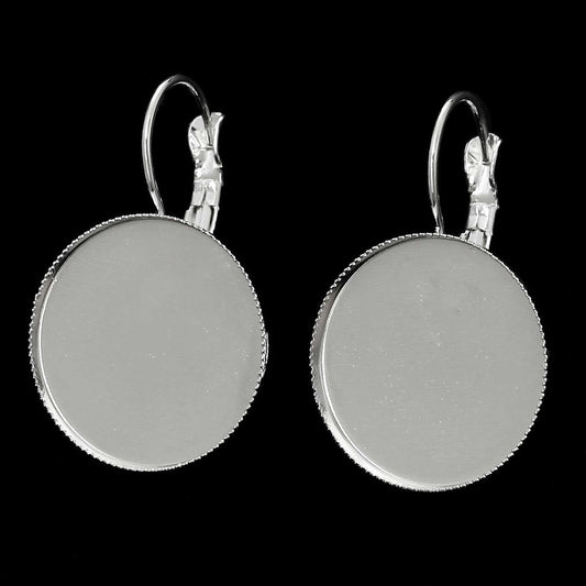 E224 - 10 pcs. Silver Plated Earring Clips Settings Lever Back Bezels Cabochons - 20mm Glue Pad Setting - Made of Copper!