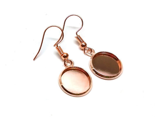 E146 - 10 pcs. Rose Gold Plated Earring Dangle Hooks Settings Bezels Cabochons - 12mm Glue Pad Setting - Single Sided