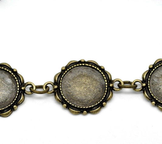 B050 - 5 pcs. Antique Bronze Disk Bezel Cabochon Chain Bracelets - 21cm - 14mm Glue Pad - 7 Settings