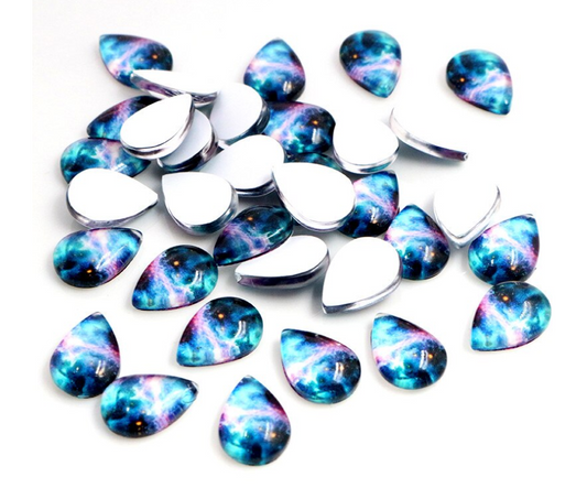 GT009 - 10 pcs Teardrop Galaxy Glass Dome Seals Tiles Cabochons - 25mm x 18mm