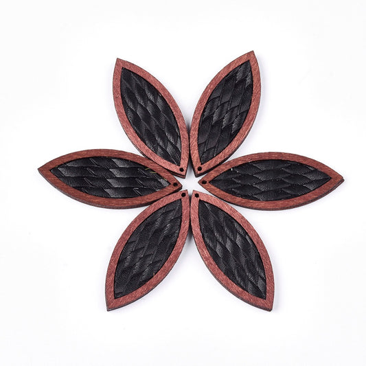 P204 - 4 pcs. Black REAL Leather Cowhide over Wood Dangle Pendants - Rattan - Marquise - 46mm (1.81") - Great for Earrings or Dangles!
