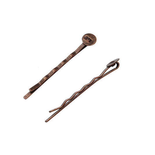 H017 - 50 pcs. Antique Copper Bobby Pins - 8mm Glue Pad - Ripple Pattern - 52mm x 8mm (2" x 0.3")
