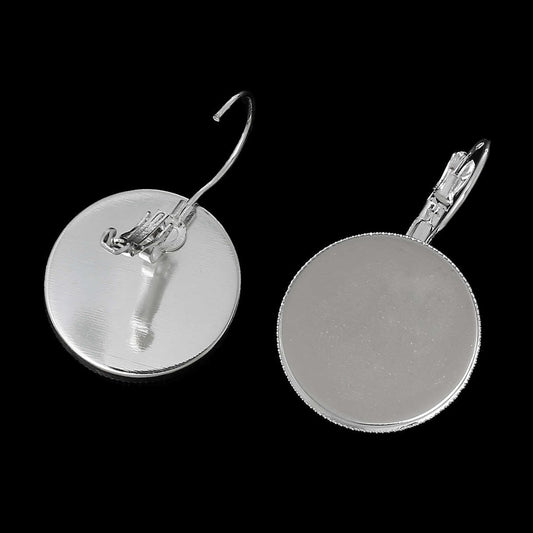 E224 - 10 pcs. Silver Plated Earring Clips Settings Lever Back Bezels Cabochons - 20mm Glue Pad Setting - Made of Copper!
