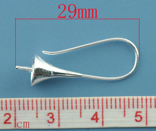 E249 - 10 pcs (5 Pairs) Silver Plated Earring Ear Wire Morning Glory Flower Hooks Bases - 29mm x 12mm - Made of Copper!
