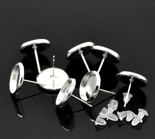 E111A - 10 pcs. Silver Plated Earring Posts Studs Settings Bezels Cabochons Tacks- 12mm Glue Pad Setting