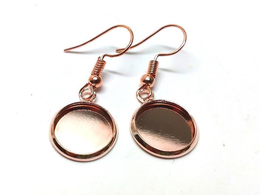 E146 - 10 pcs. Rose Gold Plated Earring Dangle Hooks Settings Bezels Cabochons - 12mm Glue Pad Setting - Single Sided