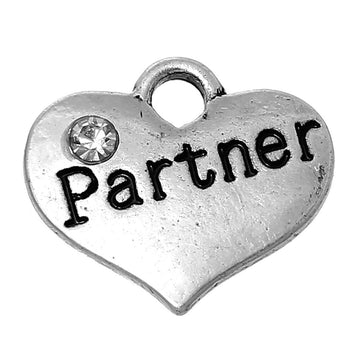 P007 - 4 pcs. Antique Silver "Partner" charm with rhinestone- 16mm X 14mm