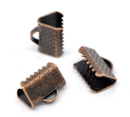 BA022 - 100 pcs. Antique Copper Textured Ribbon Crimp End Caps - 10mm x 8mm - Perfect for 3/8" (10mm) Ribbons and Cords!