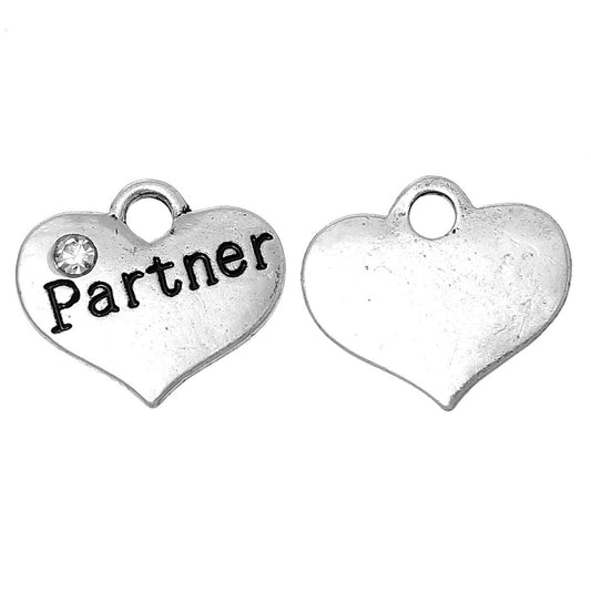 P007 - 4 pcs. Antique Silver "Partner" charm with rhinestone- 16mm X 14mm