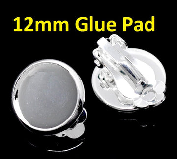 E250 - 20 pcs. Silver Plated Earring Clips Settings Hinged Bezels Cabochons - 12mm Glue Pad Setting