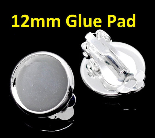 E250 - 20 pcs. Silver Plated Earring Clips Settings Hinged Bezels Cabochons - 12mm Glue Pad Setting