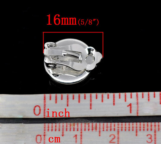 E250 - 20 pcs. Silver Plated Earring Clips Settings Hinged Bezels Cabochons - 12mm Glue Pad Setting