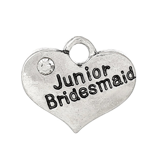 P008 - 10 pcs. Antique Silver "Junior Bridesmaid" charm with rhinestone - 16mm x 14mm