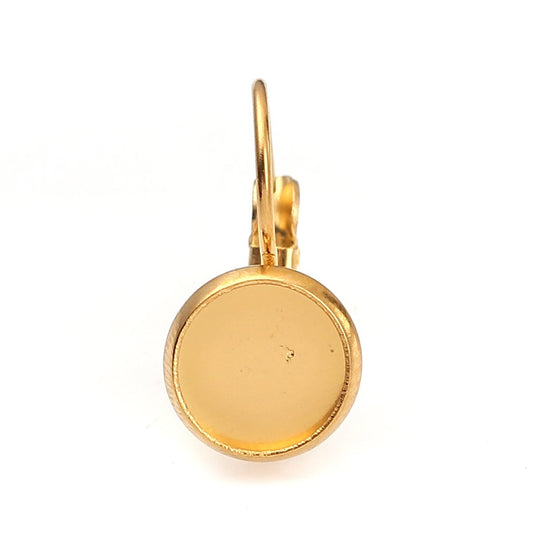 E028A - 10 pcs. (5 pairs) Stainless Steel Gold Plated Earring Clips Settings Lever Back Bezels Cabochons - 8mm Glue Pad Setting