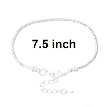 B016 - 1 pc. Silver Plated European Snake Chain Bracelets with Chain Extenders - Lobster Clasps - Screw Cap - 19cm (7.5") - 3mm Thick - Claw Clasp