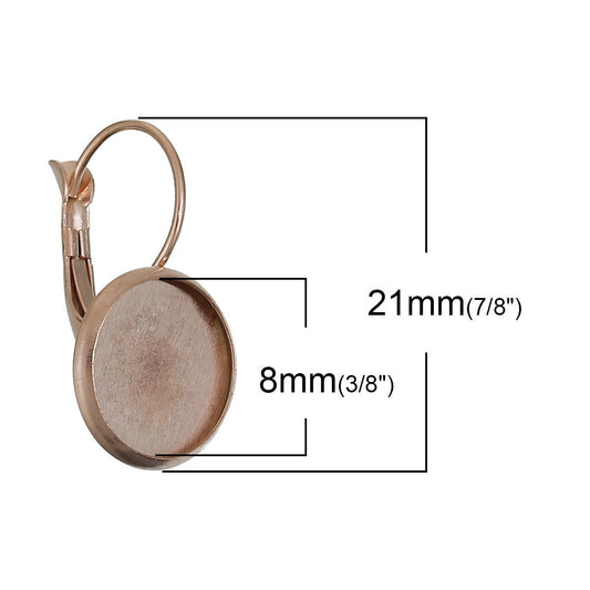 E075 - 2 pcs. (1 pair) Stainless Steel Rose Gold Plated Earring Clips Settings Lever Back Bezels Cabochons - 8mm Glue Pad Setting