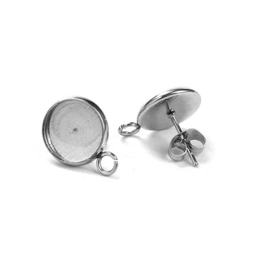 E112 - 10 pcs. 304 Stainless Steel Earring Posts Studs Settings Bezels Cabochons Tacks with Loop - 10mm Glue Pad Setting - Parallel Loop