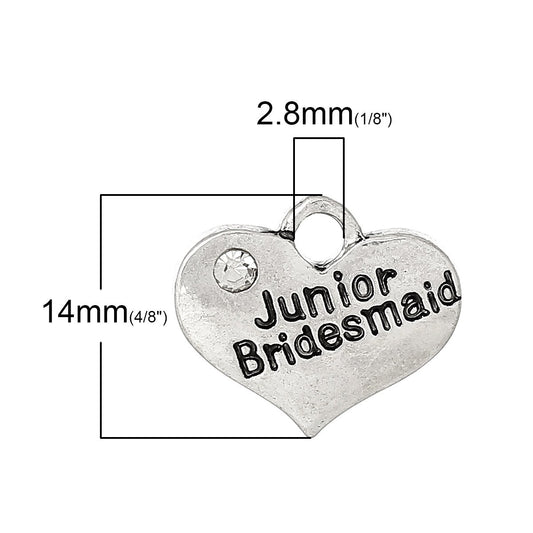 P008 - 10 pcs. Antique Silver "Junior Bridesmaid" charm with rhinestone - 16mm x 14mm