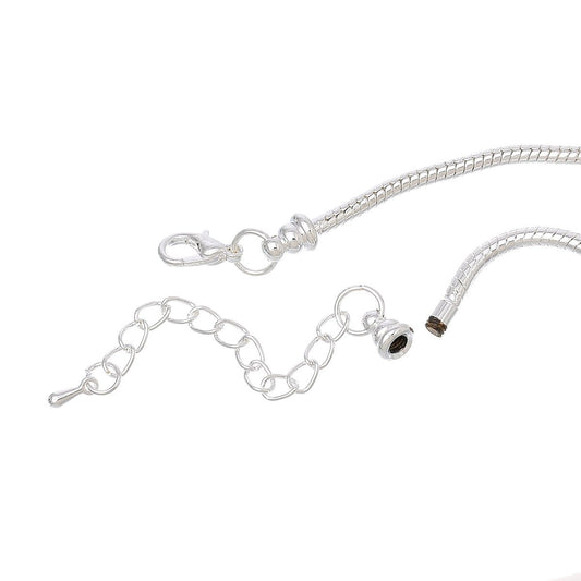 B016 - 1 pc. Silver Plated European Snake Chain Bracelets with Chain Extenders - Lobster Clasps - Screw Cap - 19cm (7.5") - 3mm Thick - Claw Clasp