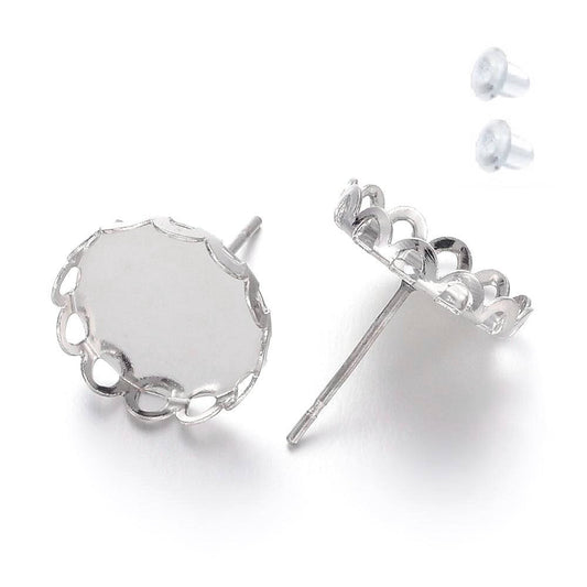 E148 - 10 pcs. (5 pairs) Silver Tone Earring Posts Settings Bezels Cabochons Tacks Studs - 12mm Glue Pad Setting - Crown Design