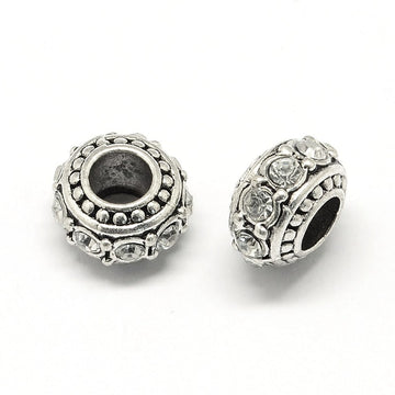 BD465 - 10 pcs Antique Silver Crystal Clear Rhinestone Rondelle Spacer Beads - 11mm - Large Hole: 4.5mm - Fits European Cords and Paracord