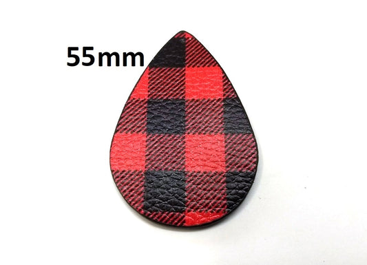 P278 - 10 pcs. Black and Red Faux Leather Dangle Pendants - Teardrop - Gingham - Buffalo Check - 55mm (2.2") - Great for Earrings! Double-Sided - L