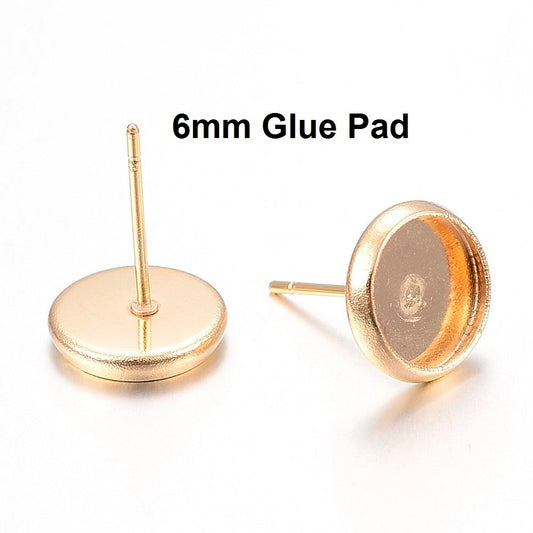 E283 - 10 pcs. Stainless Steel Gold Plated Earring Posts Settings Bezels Cabochons Tacks- 6mm Glue Pad Setting - with Stoppers!