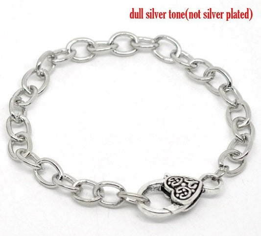 B017 - 5 pcs. Silver Tone Chain Link Bracelets with Heart Lobster Clasps - 7 7/8 in (20cm) - Style A - Claw Clasps