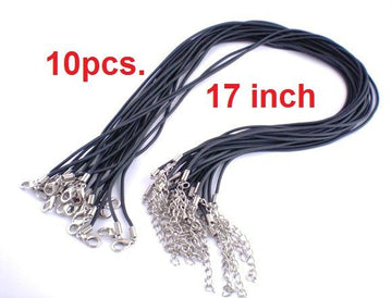 N057 - 10 pcs. Black Rubber Necklaces with Lobster Clasps 17" - (2mm) - GREAT QUALITY - Claw Clasps and Extender Chains!