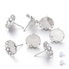 E148 - 10 pcs. (5 pairs) Silver Tone Earring Posts Settings Bezels Cabochons Tacks Studs - 12mm Glue Pad Setting - Crown Design