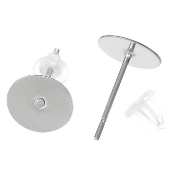 E227 - 100 pcs. (50 pairs) 304 Stainless Steel Earring Posts/Bases/Studs/Settings with Rubber Backs - 12mm x 8mm - 8mm Glue Pad