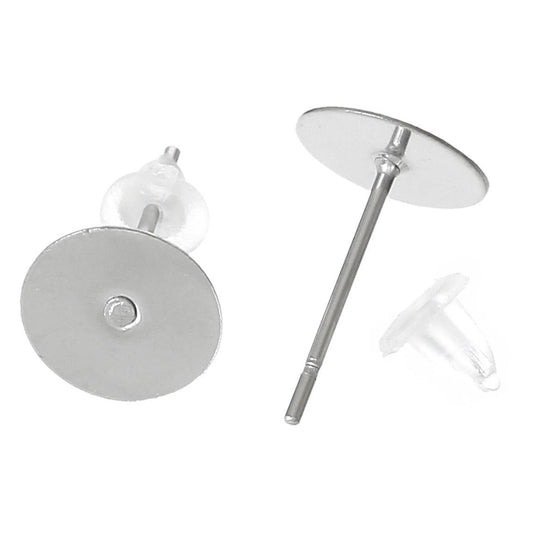 E227 - 100 pcs. (50 pairs) 304 Stainless Steel Earring Posts/Bases/Studs/Settings with Rubber Backs - 12mm x 8mm - 8mm Glue Pad