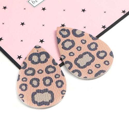 P1050 - 10 pcs. Leopard Faux Leather Dangle Charms Pendants - Teardrop - Black and Pink - 54mm (2.13") - Double Sided