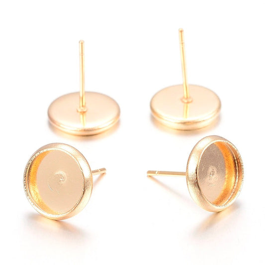 E283 - 10 pcs. Stainless Steel Gold Plated Earring Posts Settings Bezels Cabochons Tacks- 6mm Glue Pad Setting - with Stoppers!
