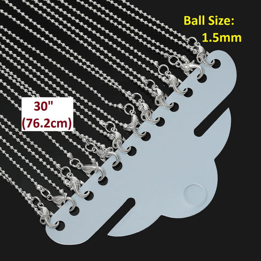 N092 - 12 pcs. Silver Plated Ball Chain Necklaces with Lobster Clasps - 76.2 cm (30") - Small Ball size: 1.5mm - Claw Clasps