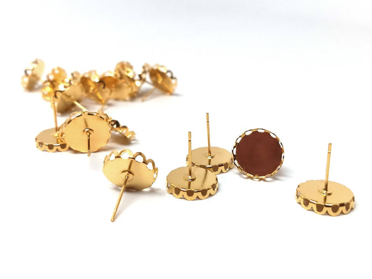 E149 - 10 pcs. (5 pairs) Gold Tone Earring Posts Settings Bezels Cabochons Tacks- 12mm Glue Pad Setting - Crown Design