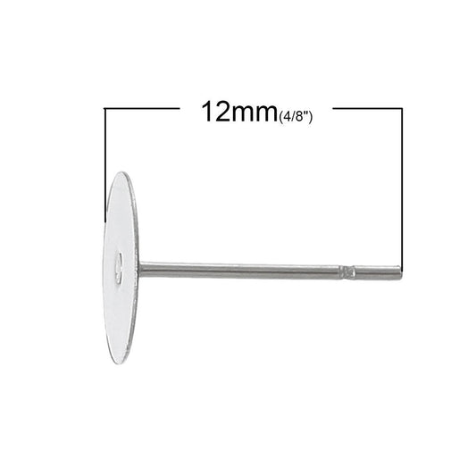E227 - 100 pcs. (50 pairs) 304 Stainless Steel Earring Posts/Bases/Studs/Settings with Rubber Backs - 12mm x 8mm - 8mm Glue Pad
