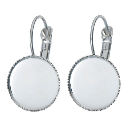 E039B - 50 pcs. Silver Tone Earring Clips Settings Lever Back Bezels Cabochons - 14mm Glue Pad Setting