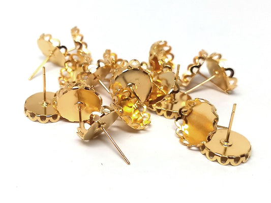 E149 - 10 pcs. (5 pairs) Gold Tone Earring Posts Settings Bezels Cabochons Tacks- 12mm Glue Pad Setting - Crown Design