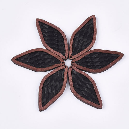 P279 - 4 pcs. Black REAL Leather Cowhide over Wood Dangle Pendants - Rattan - Leaf - 50mm (2") - Great for Earrings or Dangles!