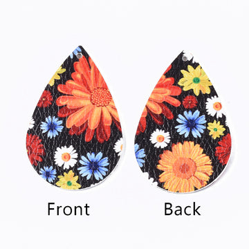 P752 - 10 pcs. Multicolor Floral Faux Leather Dangle Charms Pendants - Annuals - Teardrop - 55mm (2.17") - Double Sided