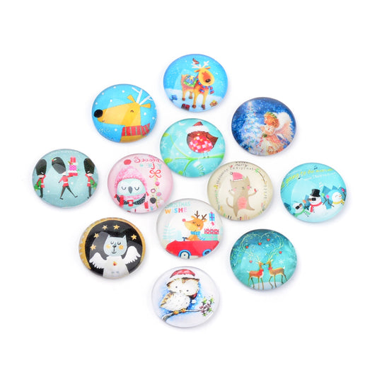 CA361 - 10 pcs Assortment of Circle Christmas Glass Round Dome Seals Tiles Cabochons - 12mm - Set 6 - Snow