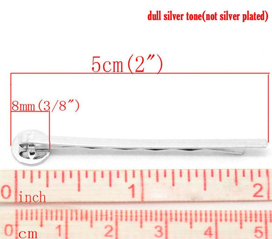 H019 - 50 pcs. Silver Tone Bobby Pins - 8mm Glue Pad - Ripple Pattern - 50mm x 8mm (2" x 0.3")