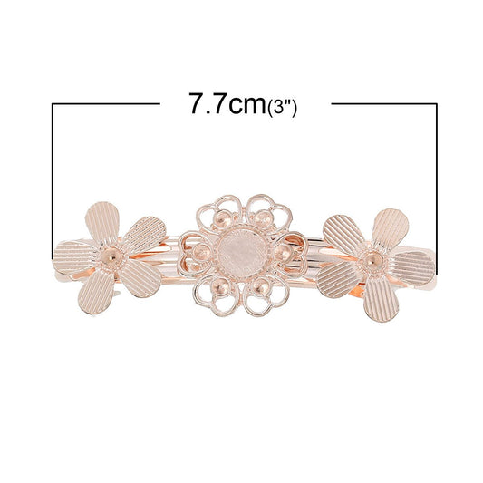H006 - 5 pcs Rose Gold Plated French Hair Barrettes Hair Clips - 77mm x 26mm (3" x 1") - 10mm Glue Pad - 1 Bezel - Flower Design