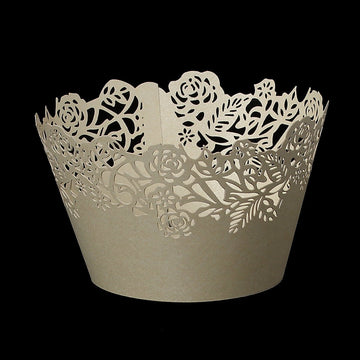 C002 - 12 pcs. Beige Tan Gold Golden Roses Leaf Leaves Paper Lace Wedding Party Cupcake Cake Cups Wrappers Liners - 217mm x 52mm (8.54" x 2.05")