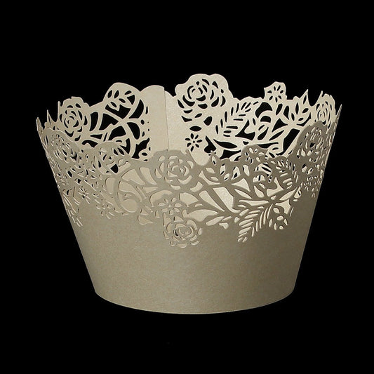 C002 - 12 pcs. Beige Tan Gold Golden Roses Leaf Leaves Paper Lace Wedding Party Cupcake Cake Cups Wrappers Liners - 217mm x 52mm (8.54" x 2.05")