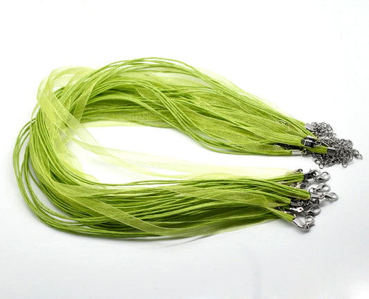 N022 - 15 pcs. Light Green Organza Ribbon Waxen Cord Necklaces with Lobster Clasp - 17 inch (43 cm) - Claw Clasp