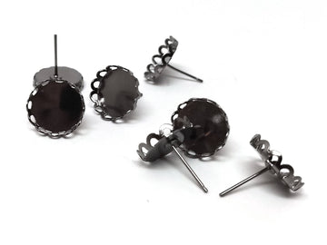 E150B - 50 pcs. (25 pairs) Gunmetal Earring Posts Settings Bezels Cabochons Tacks- 12mm Glue Pad Setting - Crown Design