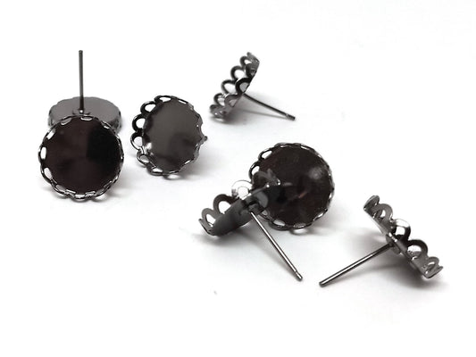 E150B - 50 pcs. (25 pairs) Gunmetal Earring Posts Settings Bezels Cabochons Tacks- 12mm Glue Pad Setting - Crown Design
